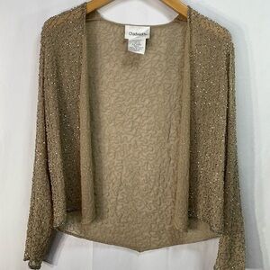 Chadwick’s elegant beige with silver bugle bead open jacket: